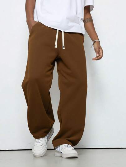 Men's Loose Straight Leg Casual Pants, Drawstring Waist Wide Leg Solid Color Simple Style, Versatile Spring