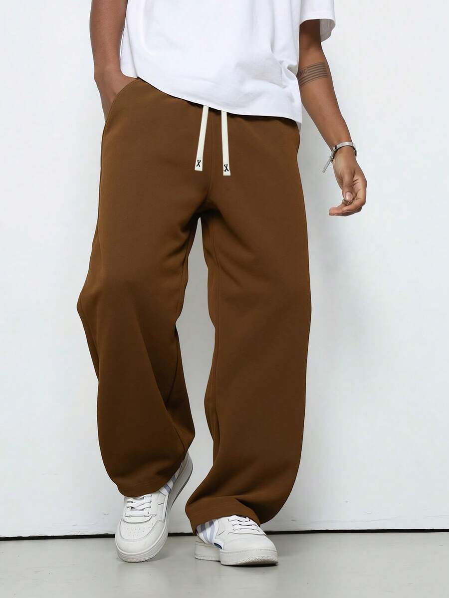 Men's Loose Straight Leg Casual Pants, Drawstring Waist Wide Leg Solid Color Simple Style, Versatile Spring Sports - Coffee Brown - View 1