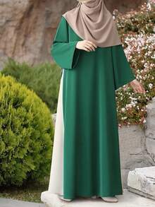 Fashion Women's Casual Solid Color Loose Round Neck Zipper Long Robe Dress Casual, All-Season Wear (No Headscarf Included), Modest Apparel