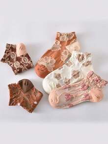 5 Pairs Women Vintage Short Socks, Embossed Floral Lace Trim Low Vamp Boat Socks, Lightweight & Comfortable, Suitable For Autumn/Winter - Multicolor - View 3
