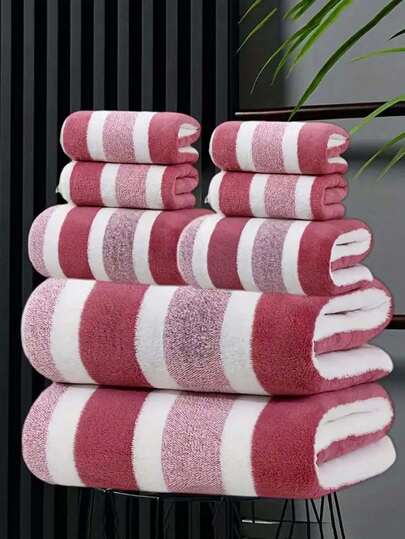 8pcs/1pc Non-Shedding Super Absorbent Ultra-Soft Five-Star Hotel Standard Dual-Tone Striped Bath Towel Set, Including 2 Large Bath Towels, 2 Large Bath Towels, And 4 Washcloths