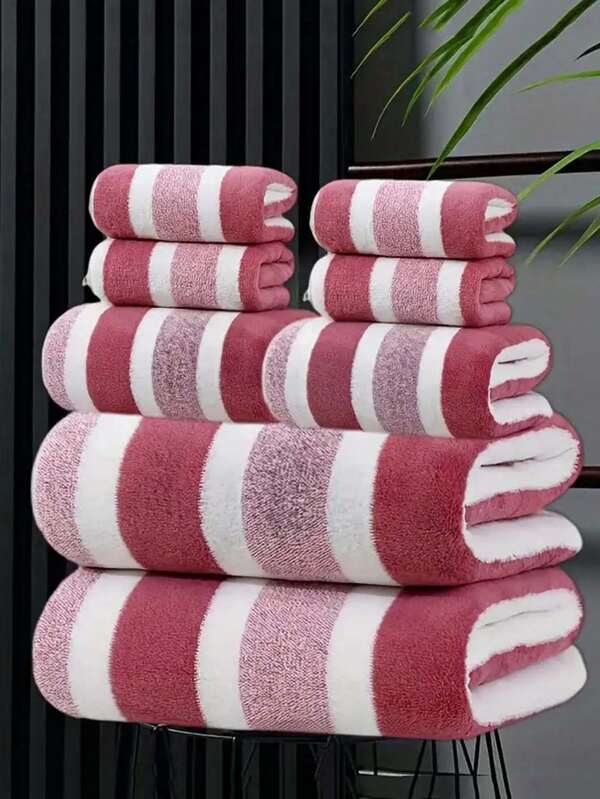 8pcs/1pc Non-Shedding Super Absorbent Ultra-Soft Five-Star Hotel Standard Dual-Tone Striped Bath Towel Set, Including 2 Large Bath Towels, 2 Large Bath Towels, And 4 Washcloths