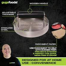 Guga Foods Adjustable Burger Press Stainless Steel Hamburger And Smashed Burger Press Patty Maker For Grilling And Griddle 3 Size Patties Wooden Handle
