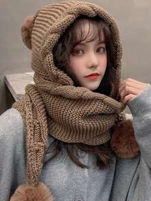 Damen gestrickter Hut mit Schal, süßer Bommel Ohrenschutz, dick & warm, vielseitig für Herbst/Winter