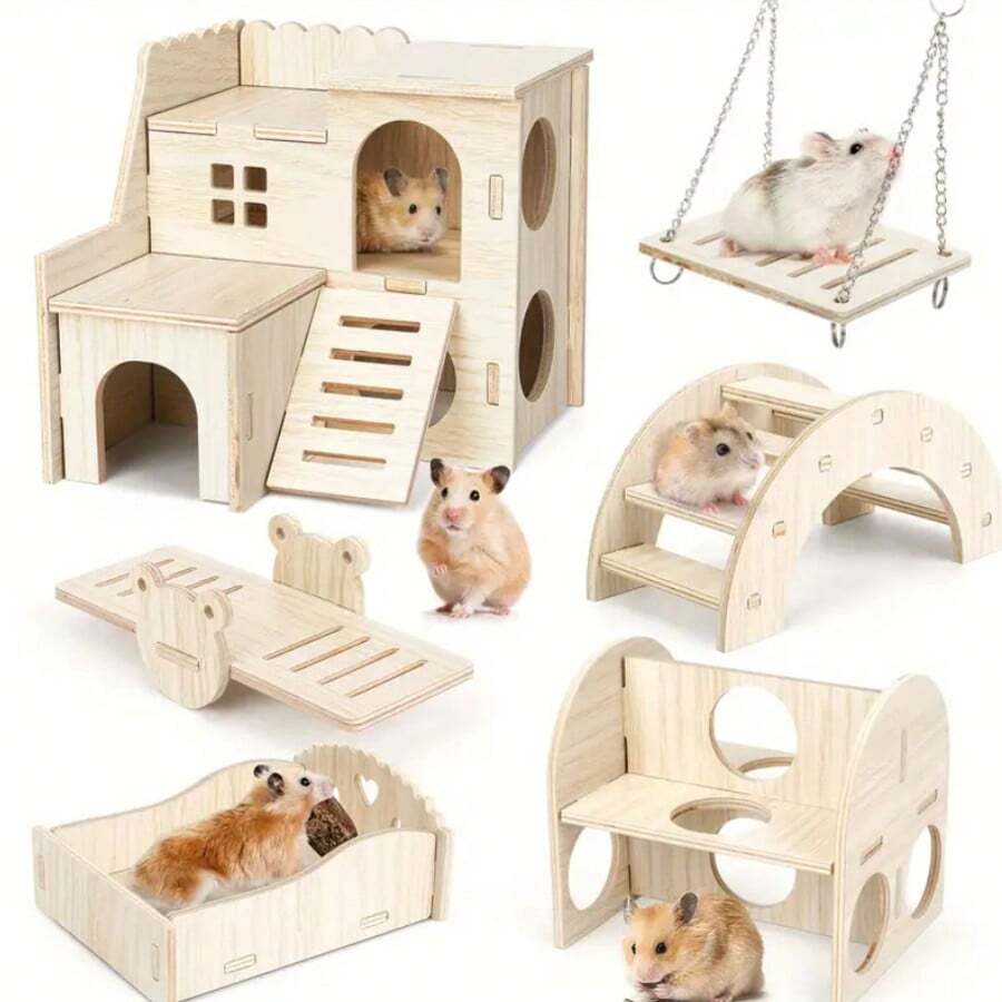 Hamster Toys, Wooden Furniture, Hamster Cage Supplies, Wooden Running Wheel, Villa Swing, Wooden Nest, Chew-Resistant Small House - Hamster House 6-piece Set - View 1