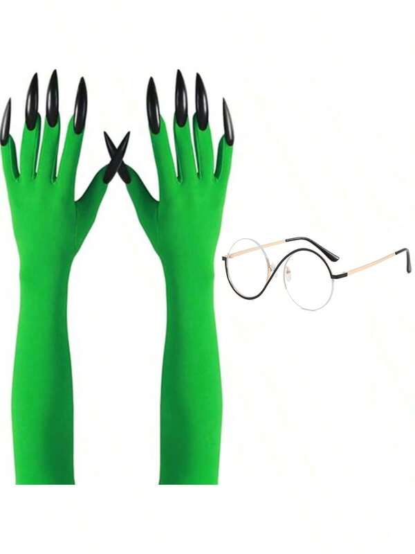 Luvas de garra verde de bruxa para cosplay de Halloween e óculos de bruxa, luvas de garra para baile de máscaras e óculos em formato de S da moda