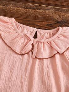 Comfortable And Cute 2 Pieces Loungewear Set Designed For Young Girls, Featuring Round Neck With Ruffle Collar And Bow Decor, Paired With Long Sleeve Top And Long Pants. Ideal For Spring, Autumn, And Winter Home Leisure Wear. - Pink - View 8