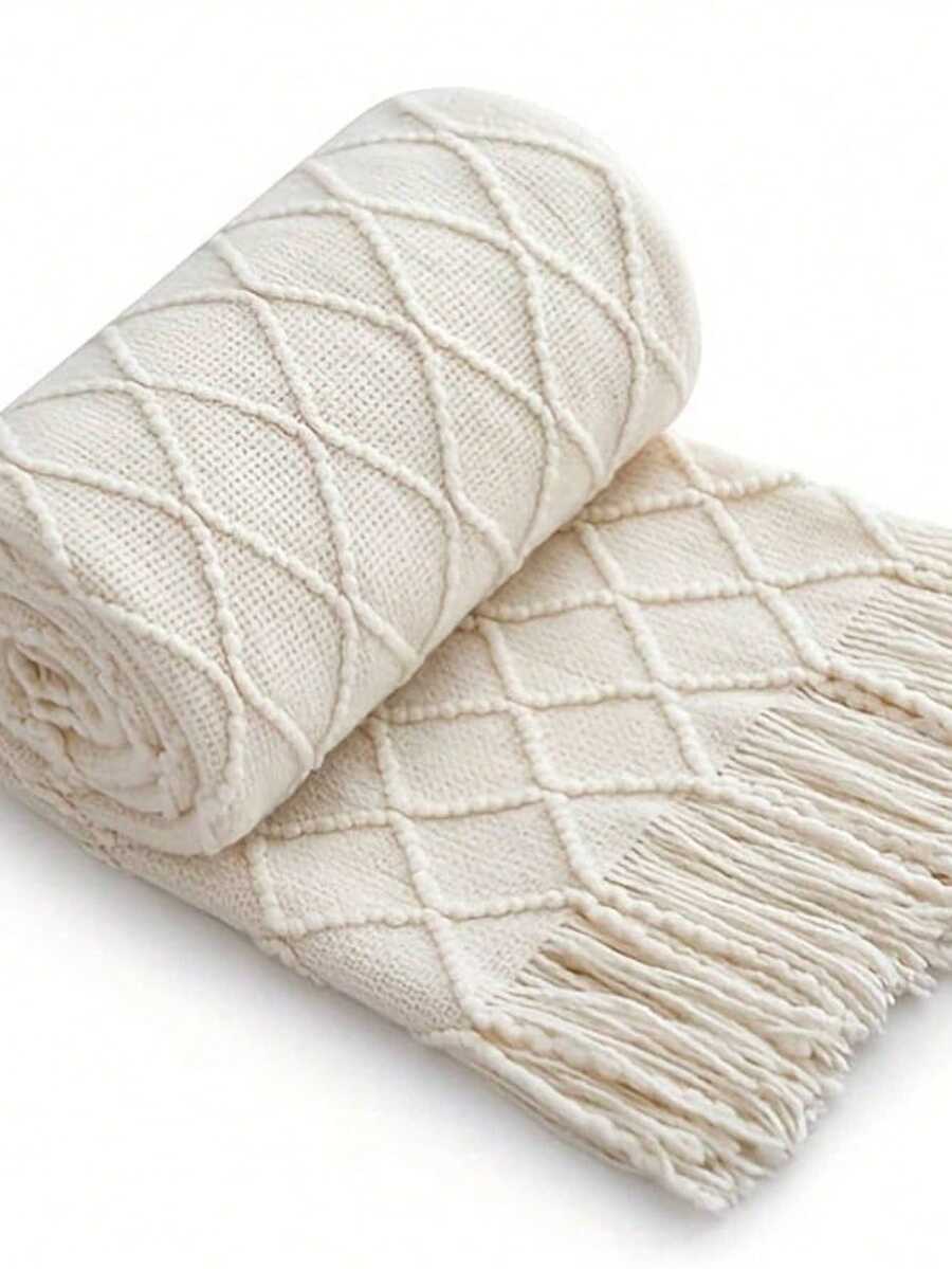 1 Diamond Grid Textured Knit Throw Blanket, Soft And Comfortable, Suitable For All Seasons, Suitable For Sofa, End Of Bed, Travel, Home Decor - Mixed Color Geometric Pattern, Acrylic Fabric - Khăn choàng hình thoi màu be - Xem 1