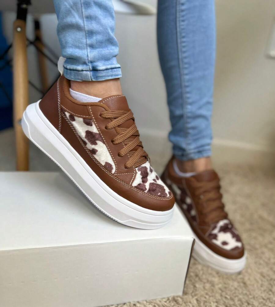 Women's Brown Flatform High Platform Cow Print Sneakers Comfort And Style For Casual And Urban Looks - Modern, Lightweight And Versatile Footwear For Everyday Life - 鏽棕色 - 查看 1