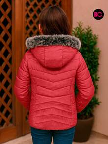Big City Chamarra Básica Niña Acolchada Afelpado Interno Casual Moda Con Gorro - Fucsia - Ver 2
