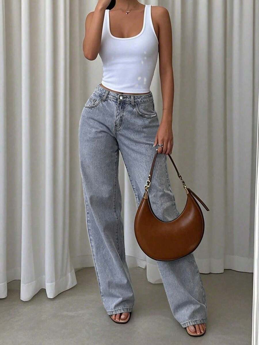 Denim Azul Jeans de Pierna Recta con Cintura Alta y Cordón para Mujer Estilo Casual de Calle Mezcla de Lyocell Cómoda, Ideal para el Uso Diario y Atuendos Elegantes` - Azul - Ver 1