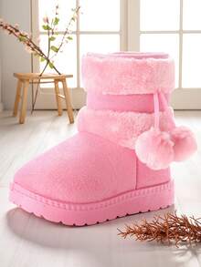 1 par de botas para niños, botas de nieve de color caqui con bola de peluche, suela blanda antideslizante, botas de media pantorrilla, diseño adecuado para niños y niñas para uso en exteriores, fiestas, viajes e invierno