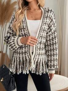 Fall Winter New Arrival Shopping Party Thick Knit Texture Retro Style Tassel Hem V‑Neck Knit Outerwear - Multicolor - View 1