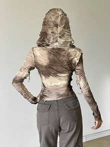 Áo thun dài tay có mũ trùm đầu dáng ôm dáng đơn sắc dành cho nữ phong cách đường phố Top Dazzle - Màu Khaki - Xem 8