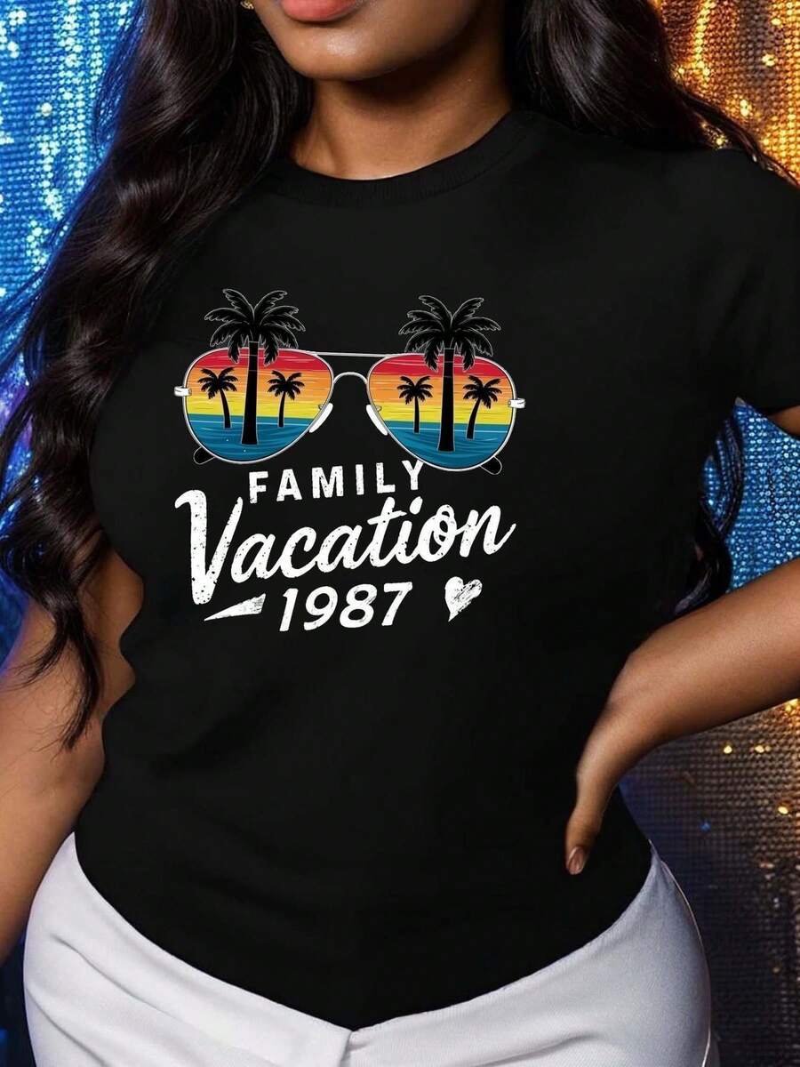 Camiseta gráfica de manga corta y cuello redondo de algodón negro de 180 g para mujer con estampado de palmeras y atardecer "Family Vacation 1987". Camiseta informal de verano, corte holgado y cómodo, estilo playero moderno.