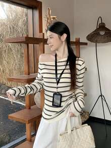 Autumn Oblique Collar Asymmetric Striped Slim Knit T-Shirt Top For Women - Apricot - View 4