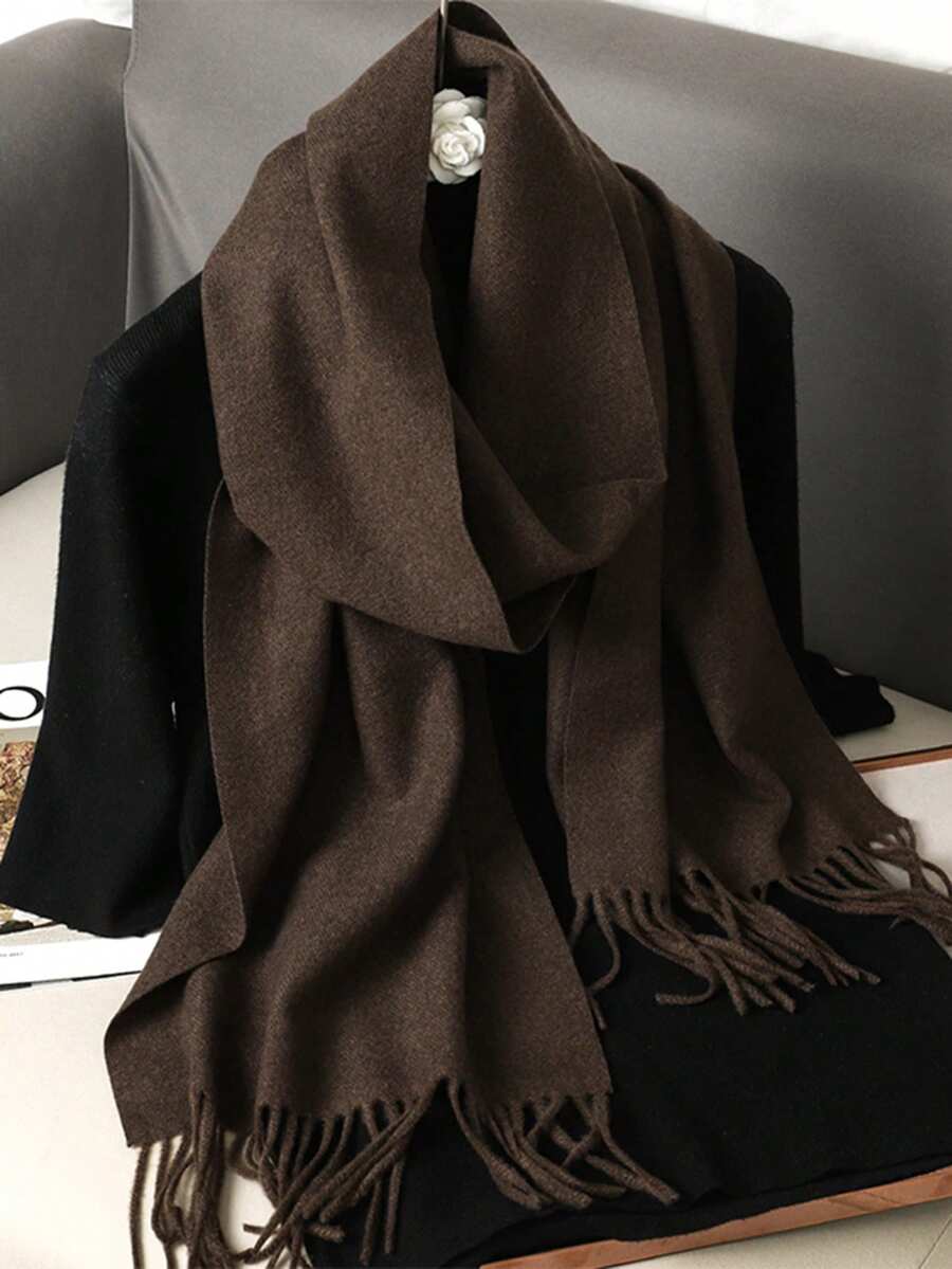 1PC Women's Simple Solid Color Regular Style Faux Cashmere Scarf, Pashmina Fringe Scarf, Fall Decor, Autumn Academic Style Shawl, Suitable For Seasonal Transition, Daily Wear, Windproof And Warm, New Year Gift