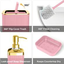 浴室配件套装，9 件粉色浴室套装，配有牙刷架、垃圾桶、乳液皂液器、牙刷杯、梳妆台托盘、肥皂盒、马桶刷、新家居浴室配件支架浴室收纳浴室装饰夏季 - 彩色 - 查看 4