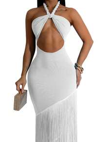 Vestido de cóctel de unicolor, sexy, con abertura y flecos en el bajo para mujer