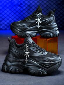大码休闲运动鞋,轻便EVA材质,7厘米厚底,可拆卸银色骷髅十字架吊坠,朋克暗黑Y2K厚底厚底运动鞋,适合四季户外穿着 - 黑色 - 查看 11