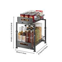 双层水槽下收纳架、折叠式拉出式橱柜收纳架、防锈水槽下收纳架、大容量水槽下收纳架和储物柜拉出式抽屉、浴室收纳架和储物架、滑动抽屉储物托盘调味瓶香料收纳架滑出式抽屉，适用于厨房和浴室柜抽屉式橱柜收纳架 - 黑色 - 查看 12