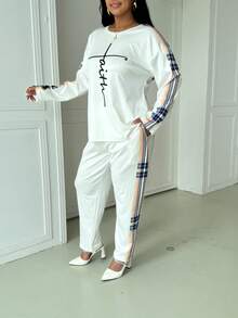 Bộ đồ nữ cỡ lớn in họa tiết kẻ ô chữ, kiểu dáng thường ngày và thời trang, rộng rãi, thích hợp cho mùa xuân và thu. Bộ đồ nữ kẻ sọc tương phản, túi hai bên, dây rút, phù hợp công sở, đi biển, màu trắng thanh lịch. - trắng - Xem 2