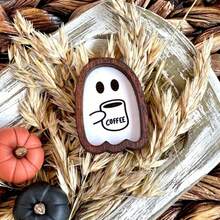 2pcs Halloween Ghost Coffee Maker Wooden Decor, Cute Ghost Design Decorative Wall Hanging, Perfect For Coffee Lovers, Halloween Kitchen Accessories, Suitable For Home, Coffee Shop And Wall Decoration Home Decor Halloween Decor Room Decor