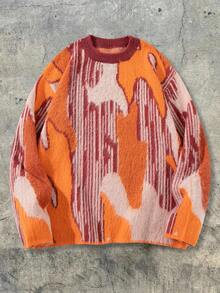 男女皆宜的蓬松抽象几何图案提花针织套头毛衣，休闲学院风，适合春、秋、冬三季穿着，长袖上衣 - 橘色 - 查看 1