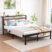 Full Bed Frame With Wood Storage HeadboardDouble Bed Frame No Box Spring Needed Strong Slats Mattr Foundation Easy Assembly Black+Brown