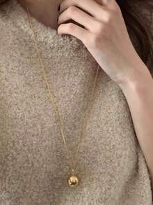 1pc 18K Gold Plated Stainless Steel Long Round Ball Pendant Necklace, Minimalist & Versatile For Daily Wear