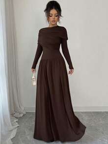 Women's Elegant Long Sleeve Dress With Ruched Waist And A-Line Silhouette, Coffee Color, Suitable For Spring, Summer, Autumn, Winter, Elegant, Everyday, Commute, Party, Date, Ramadan - Coffee - View 5