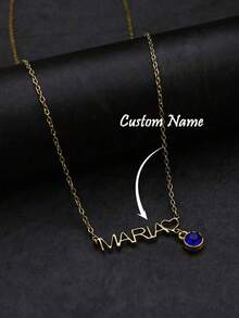1pc Customized Name Necklace, Personalized Name Necklace With Blue Gemstone Pendant, Stainless Steel Engraved Plate Pendant Necklace, Handmade Jewelry, Birthday/Christmas/Valentine's Day Gift For Her/Him - Multicolor - View 1