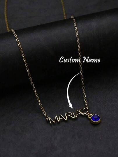 1pc Customized Name Necklace, Personalized Name Necklace With Blue Gemstone Pendant, Stainless Steel Engraved Plate Pendant Necklace, Handmade Jewelry, Birthday/Christmas/Valentine's Day Gift For Her/Him