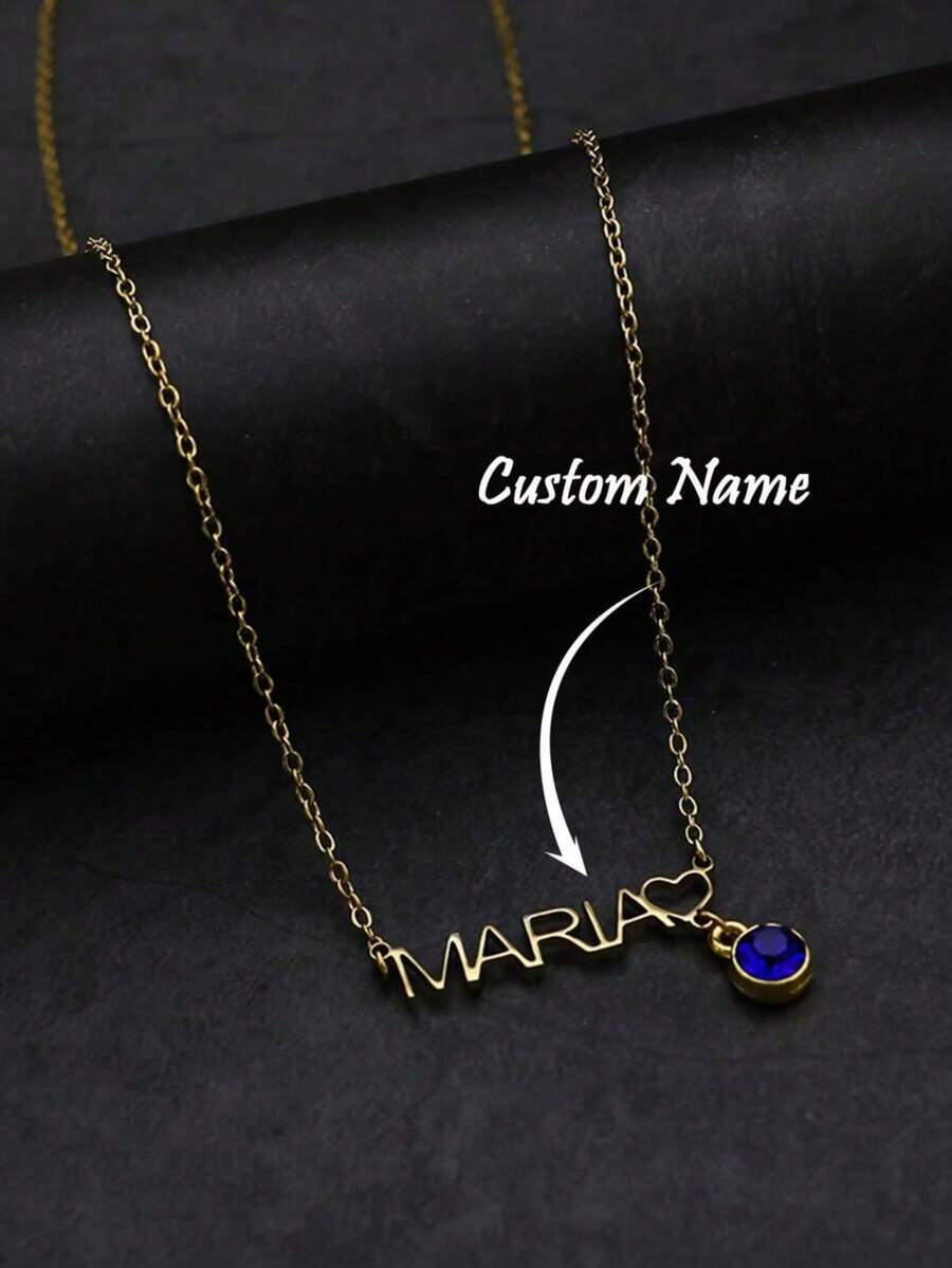 1pc Customized Name Necklace, Personalized Name Necklace With Blue Gemstone Pendant, Stainless Steel Engraved Plate Pendant Necklace, Handmade Jewelry, Birthday/Christmas/Valentine's Day Gift For Her/Him - Multicolor - View 1
