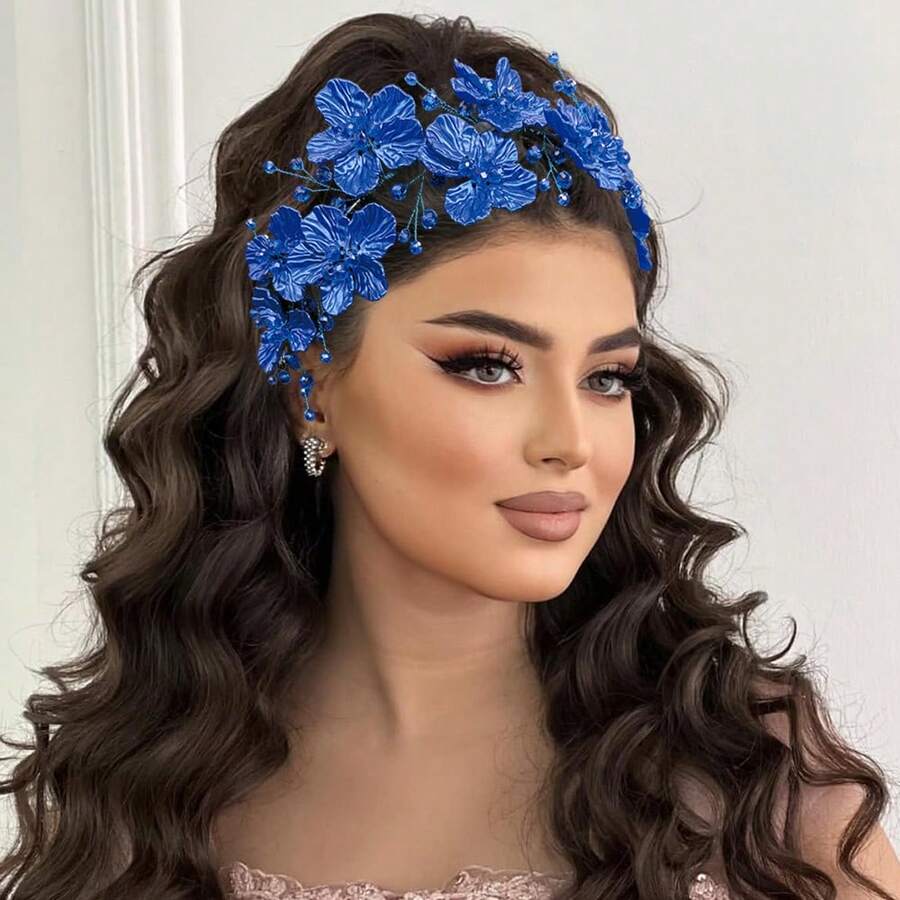 1 Stück Damen Rot & Blau Blumen Haarband, eleganter perlenbesetzter Braut Haarschmuck, handgefertigter Haarreif für Hochzeit, Verlobung, Party