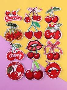 12pcs Red Letter Bow Cherry Embroidered Patches, DIY Iron-On Sewing Applique For Clothing, Shoes, Bags, Accessories - Multicolor - View 9