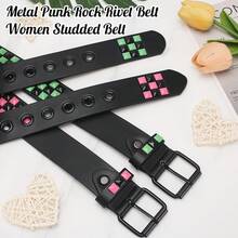 Studded Metal Punk Rock Belt With Bright Pyramid Rivets - Màu hoa vân anh - Xem 6