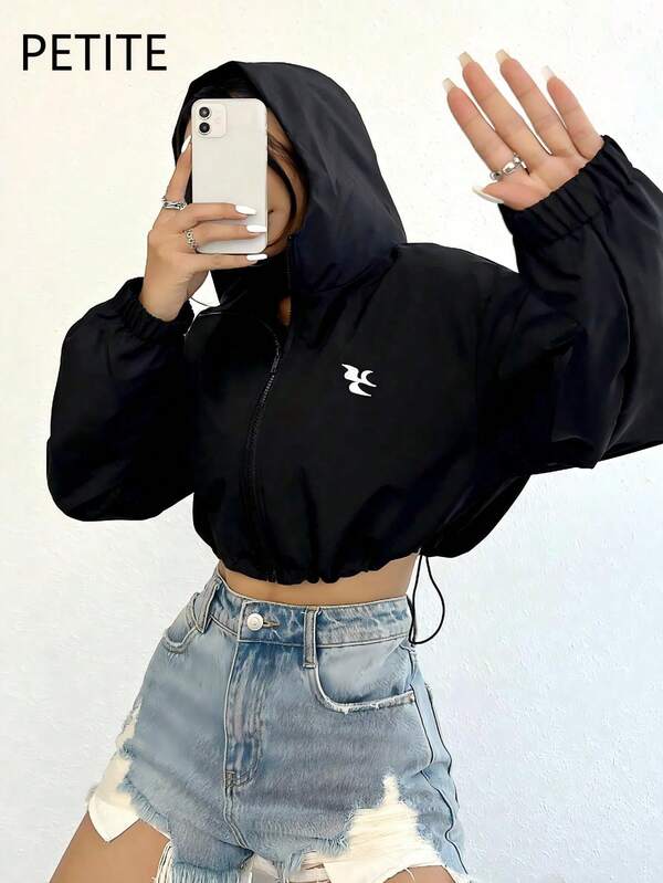Veste courte pour petite femme, design sexy et court avec capuche zippée en tissu, style de rue personnalisé, broderie sur la poitrine, mode polyvalente