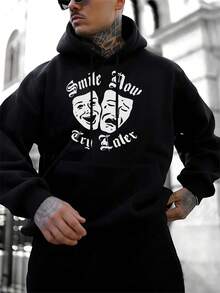 Men's Black Hoodie Sweatshirt With Smile Now Cry Later And Comedy/Tragedy Masks Graphic Print Casual Fashion Pullover - màu đen - Xem 2