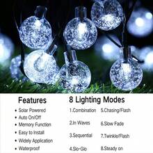 1 pieza Luces de cadena de bolas de cristal solares, resistentes al agua IP65 para uso en exteriores, luces de burbuja LED para decoración de jardín, con 8 modos, 20/50/100 leds, perfectas para acampar, decoración de tienda de campaña y ambiente acogedor de dormitorio, luces de cadena solares para jardín exterior, fiesta, Halloween, Navidad, Pascua, iluminación para acampar.