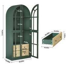 Arched Bookcase,71" Tall Arched Cabinet With Glass Door Drawers And Shelves,Arched Kichen China Pantry For Living Room,Dining Room - màu xanh lá - Xem 9