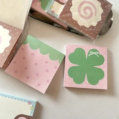 Cute Strawberry Clover Pudding Notepad Square Sweet Pink Floral Pattern With Polka Dots And Stars - Suitable For Office, School, Home Organization, Strawberry Theme Supplies