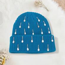 Knit Rhinestone Embellished Hat For Women, Winter Warm Beanies Cap For Outdoor Shopping, Dating, Ski - 藍色 - 查看 3