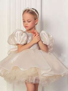 Young Girl's White Petal Sleeve Dress, Elegant Princess Dress With Tulle Fabric And Bow Decor, Suitable For Girls' Birthday Party, Wedding, Prom, Graduation Ceremony - 米色 - 查看 4