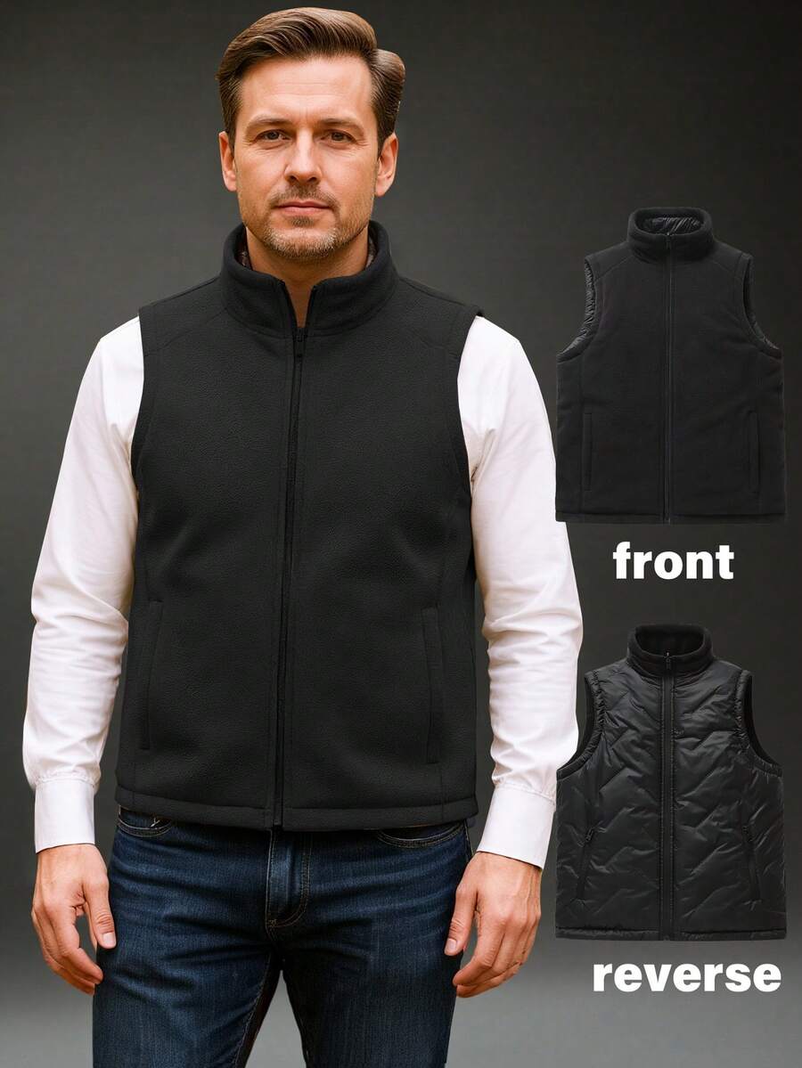 男士双面穿背心外套，加厚保暖无袖，保暖防风，秋冬季 - 黑色 - 查看 1