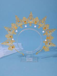 1pc Golden Pearl Pendant Headband, Virgin Mary Crown Costume Accessory, For Events & Parties