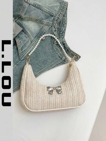 时尚珍珠链月牙单肩包，草编单肩包，金属蝴蝶结装饰，度假休闲包，沙滩包，时尚单肩法棍包，手提小包，户外休闲包，百搭通勤包