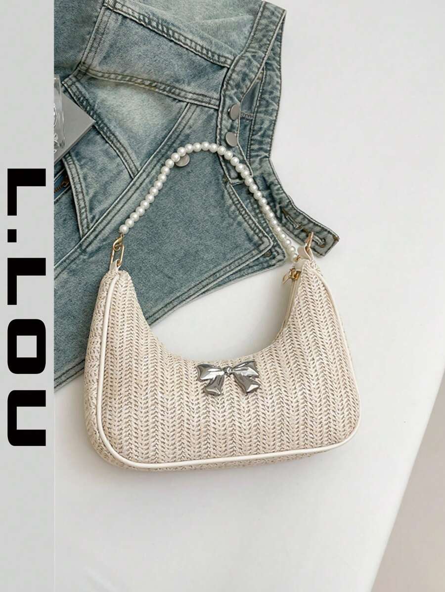 时尚珍珠链月牙单肩包，草编单肩包，金属蝴蝶结装饰，度假休闲包，沙滩包，时尚单肩法棍包，手提小包，户外休闲包，百搭通勤包 - 米色 - 查看 1
