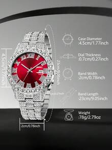 3pcs/Set Men's Stainless Steel Band Watch With Classic Roman Numeral Dial, Calendar Function, Blue Dial, Quartz Movement, Suitable For Daily Wear And Decoration, Also Can Be Given As Holiday Gift To Friends Or Father - Red - View 4