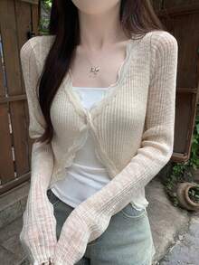 杏色蕾丝边 V 领荷叶边透明针织薄款罩衫，轻薄外套，适合居家、通勤、户外穿着，秋冬季